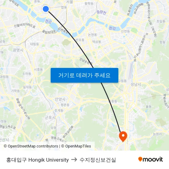 홍대입구 Hongik University to 수지정신보건실 map