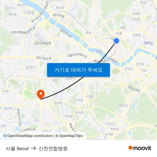 서울 Seoul to 신천연합병원 map