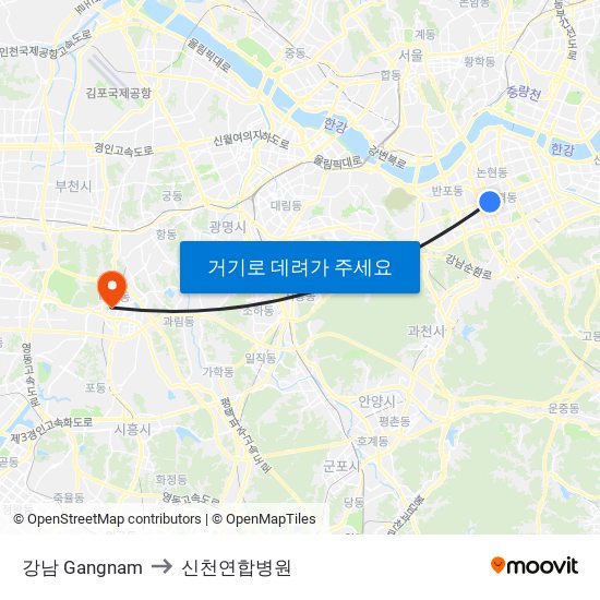 강남 Gangnam to 신천연합병원 map