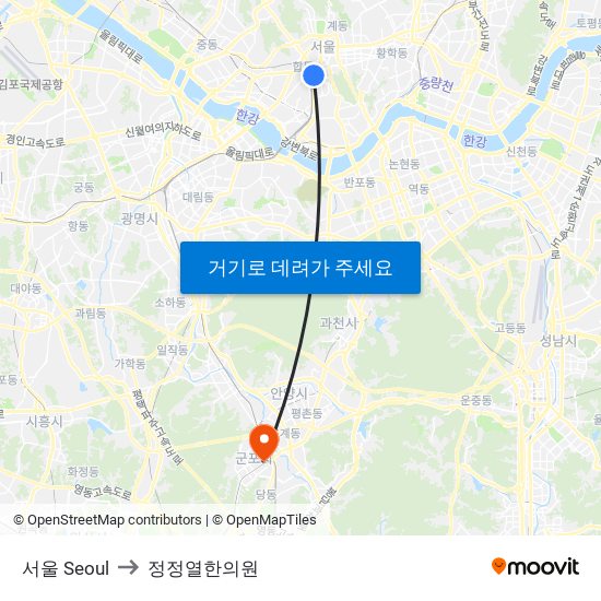 서울 Seoul to 정정열한의원 map