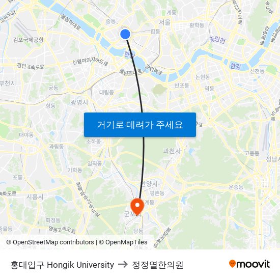 홍대입구 Hongik University to 정정열한의원 map