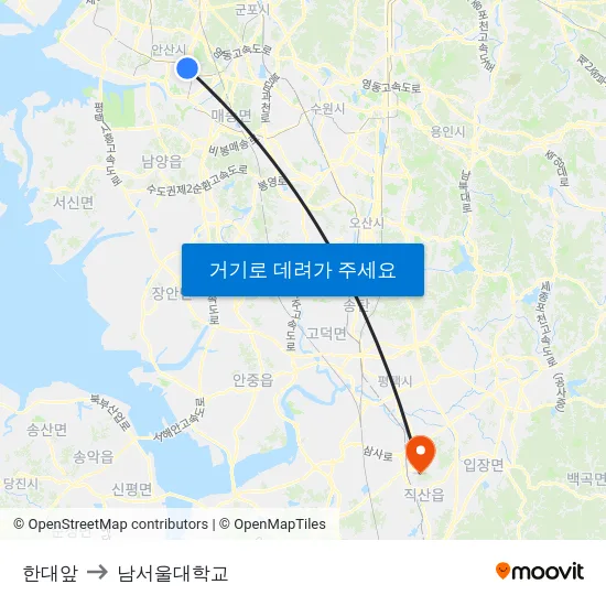 한대앞 to 남서울대학교 map