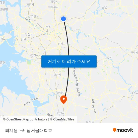 퇴계원 to 남서울대학교 map