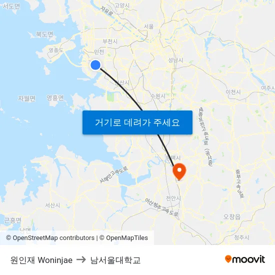 원인재 Woninjae to 남서울대학교 map