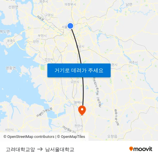 고려대학교앞 to 남서울대학교 map