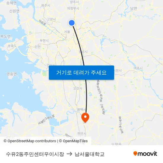 수유2동주민센터우이시장 to 남서울대학교 map