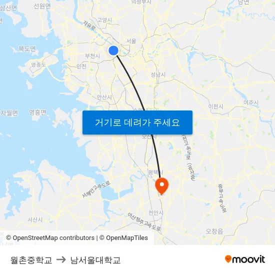 월촌중학교 to 남서울대학교 map