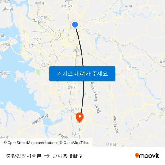 중랑경찰서후문 to 남서울대학교 map