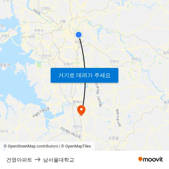 건영아파트 to 남서울대학교 map