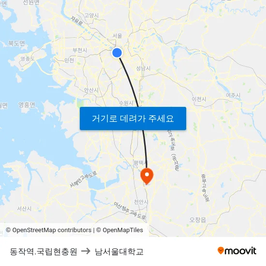 동작역.국립현충원 to 남서울대학교 map