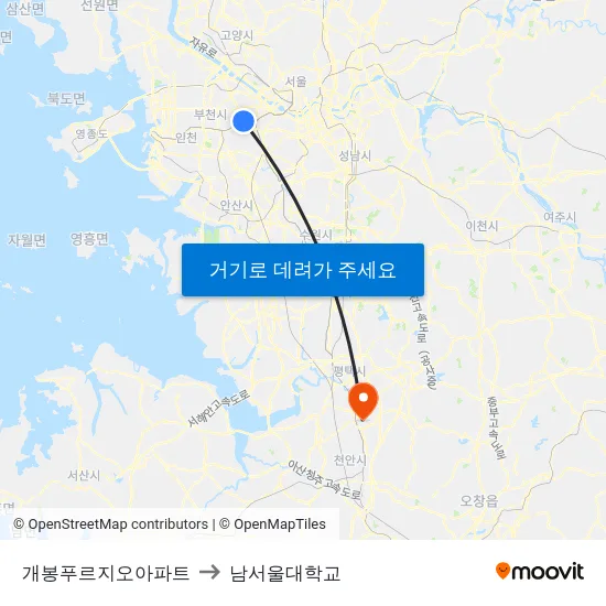 개봉푸르지오아파트 to 남서울대학교 map
