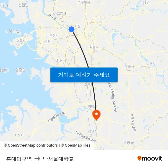 홍대입구역 to 남서울대학교 map