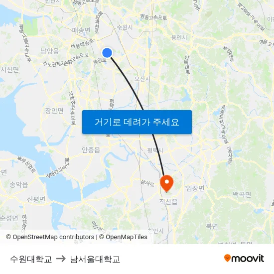 수원대학교 to 남서울대학교 map