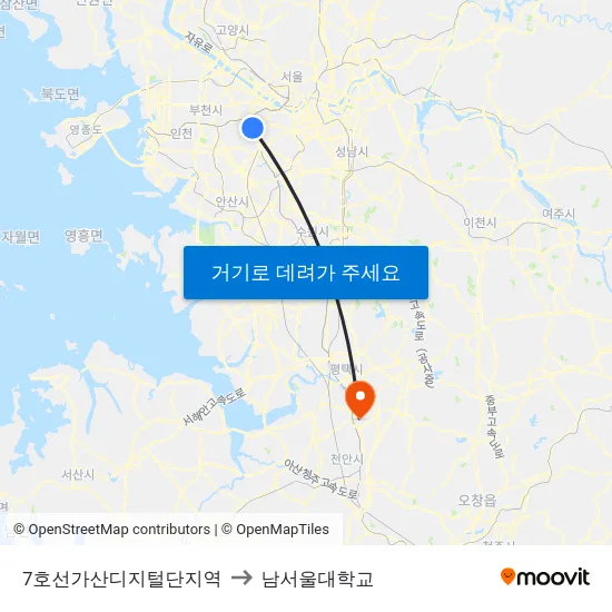 7호선가산디지털단지역 to 남서울대학교 map