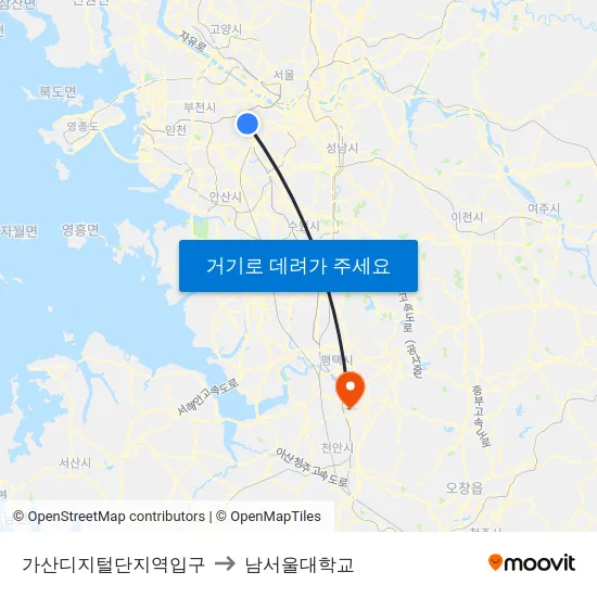 가산디지털단지역입구 to 남서울대학교 map