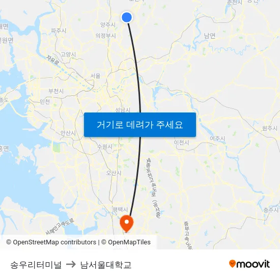 송우리터미널 to 남서울대학교 map