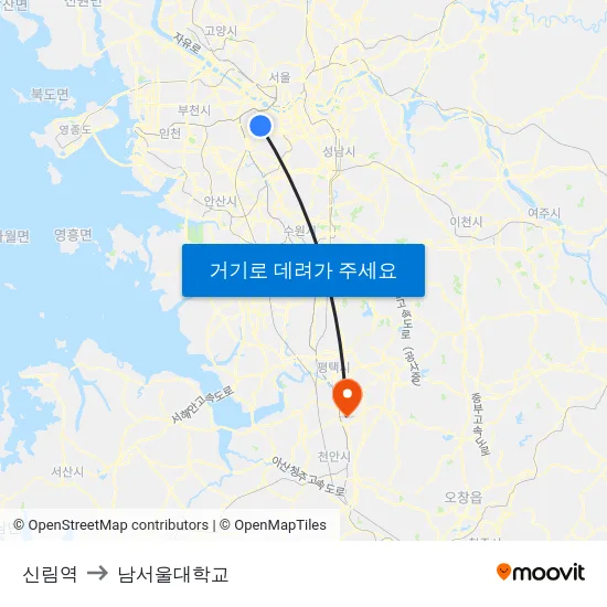 신림역 to 남서울대학교 map