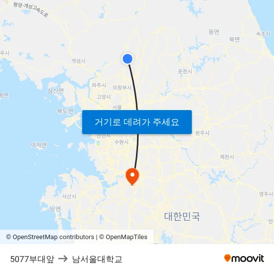 5077부대앞 to 남서울대학교 map