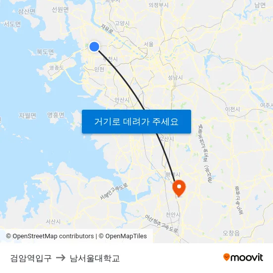 검암역입구 to 남서울대학교 map