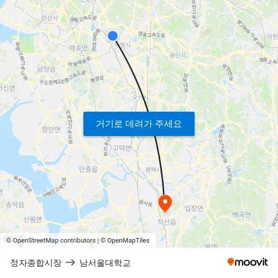 정자종합시장 to 남서울대학교 map