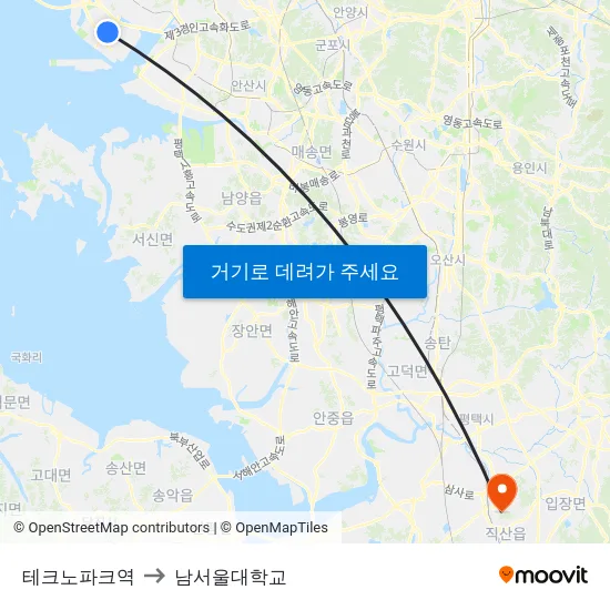 테크노파크역 to 남서울대학교 map
