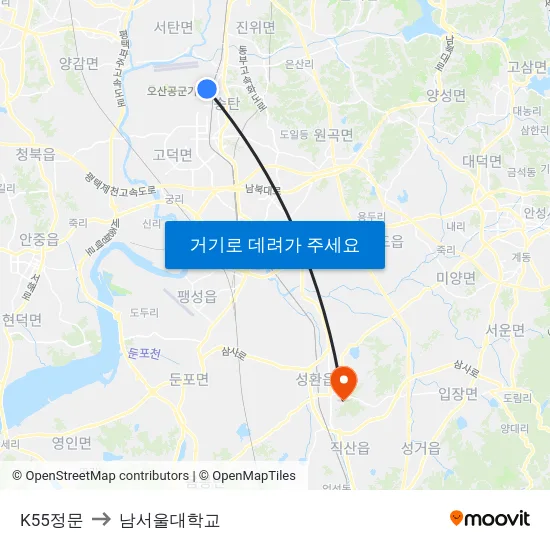 K55정문 to 남서울대학교 map
