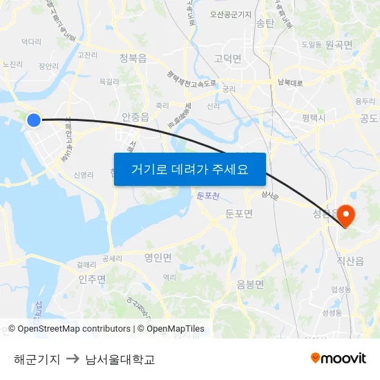 해군기지 to 남서울대학교 map