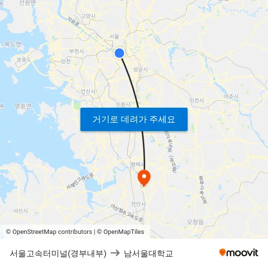 서울고속터미널(경부내부) to 남서울대학교 map