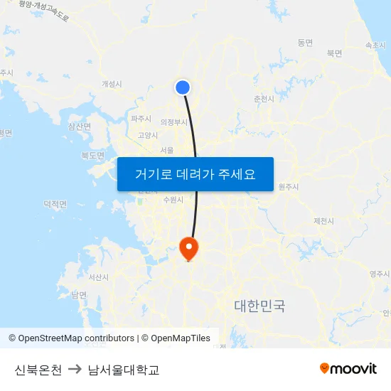 신북온천 to 남서울대학교 map