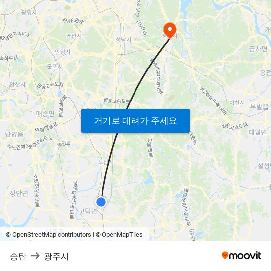 송탄 to 광주시 map