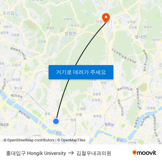 홍대입구 Hongik University to 김철우내과의원 map