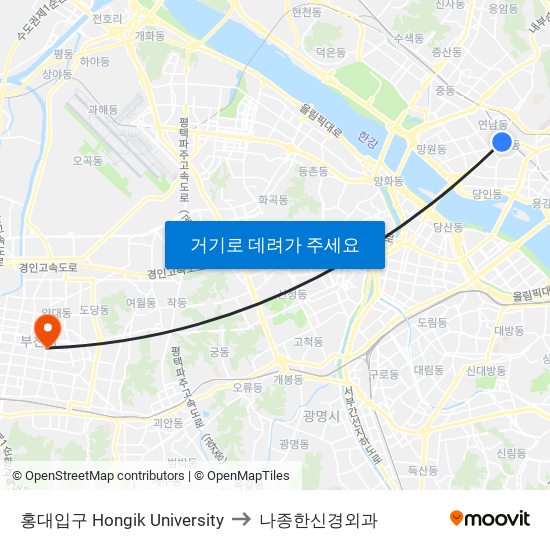 홍대입구 Hongik University to 나종한신경외과 map