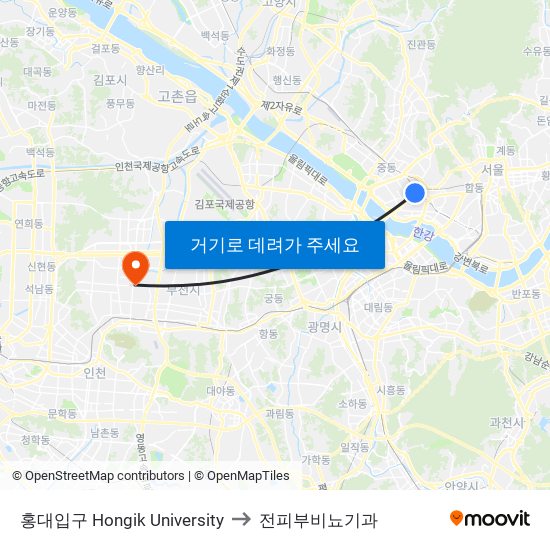 홍대입구 Hongik University to 전피부비뇨기과 map