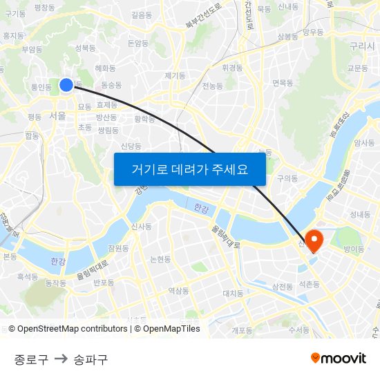 종로구 to 송파구 map