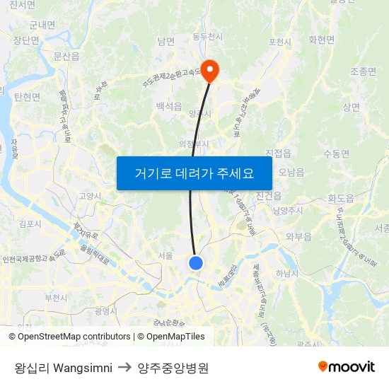 왕십리 Wangsimni to 양주중앙병원 map