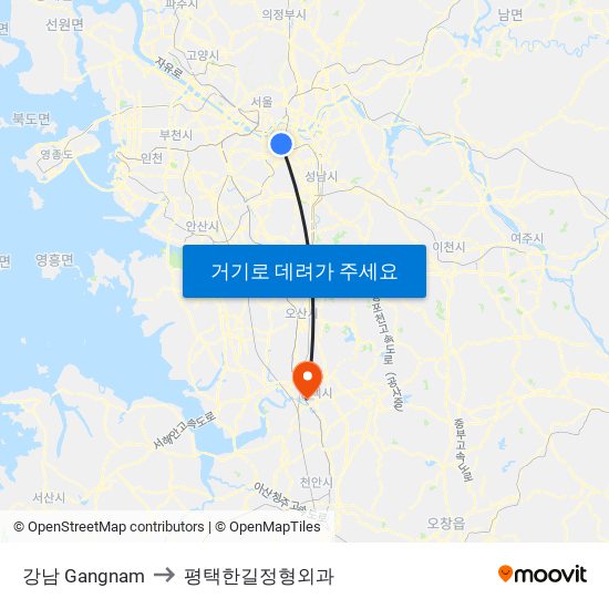 강남 Gangnam to 평택한길정형외과 map