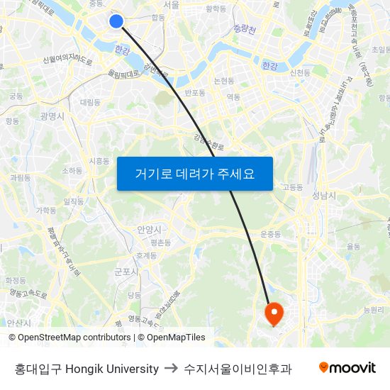 홍대입구 Hongik University to 수지서울이비인후과 map