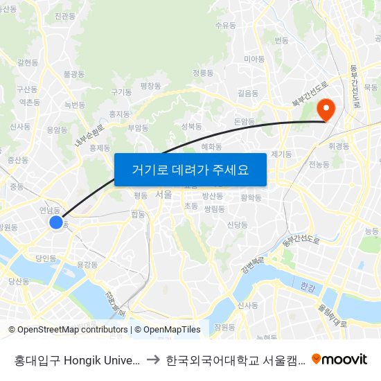 홍대입구 Hongik University to 한국외국어대학교 서울캠퍼스 map