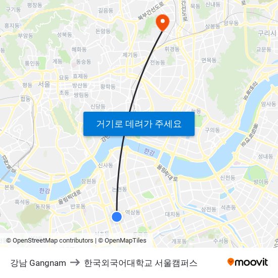 강남 Gangnam to 한국외국어대학교 서울캠퍼스 map