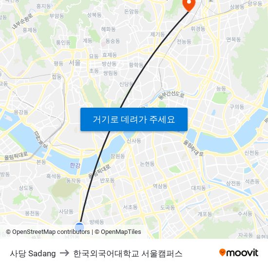 사당 Sadang to 한국외국어대학교 서울캠퍼스 map