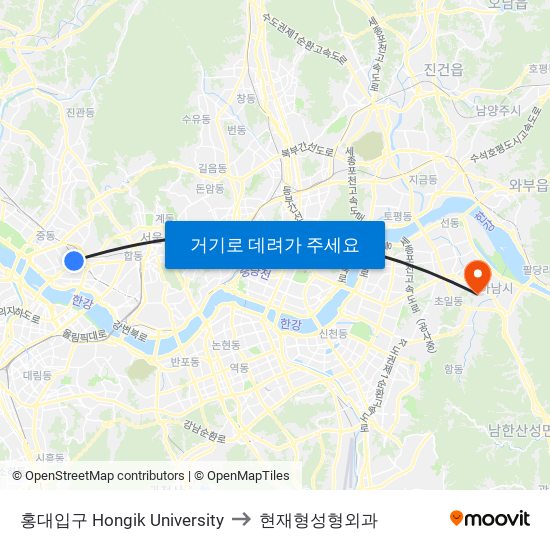 홍대입구 Hongik University to 현재형성형외과 map