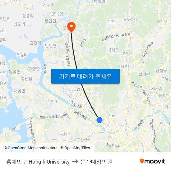 홍대입구 Hongik University to 문산대성의원 map