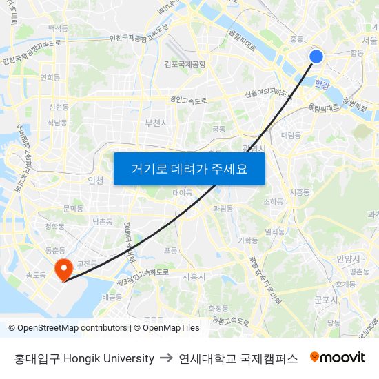 홍대입구 Hongik University to 연세대학교 국제캠퍼스 map
