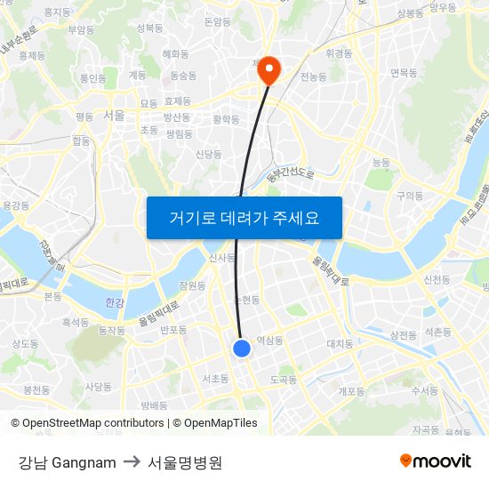 강남 Gangnam to 서울명병원 map