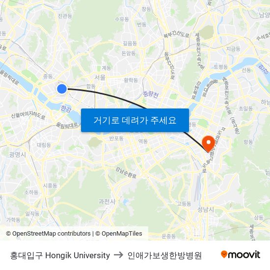 홍대입구 Hongik University to 인애가보생한방병원 map