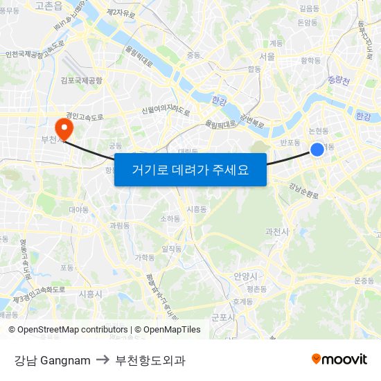 강남 Gangnam to 부천항도외과 map