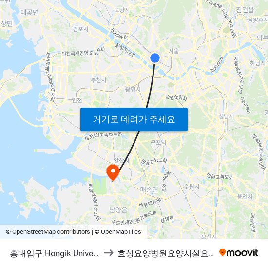 홍대입구 Hongik University to 효성요양병원요양시설요양원 map