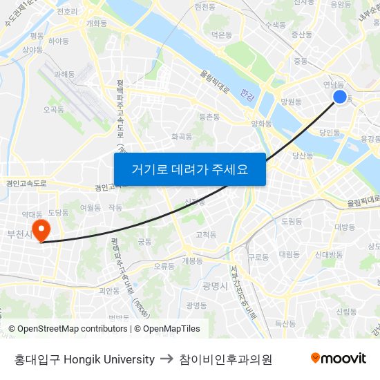 홍대입구 Hongik University to 참이비인후과의원 map