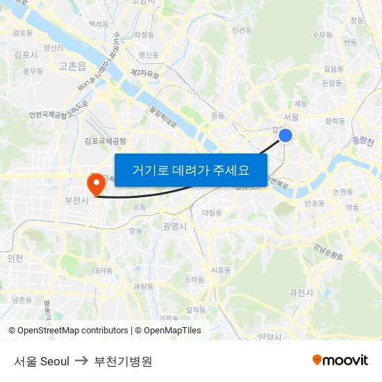 서울 Seoul to 부천기병원 map