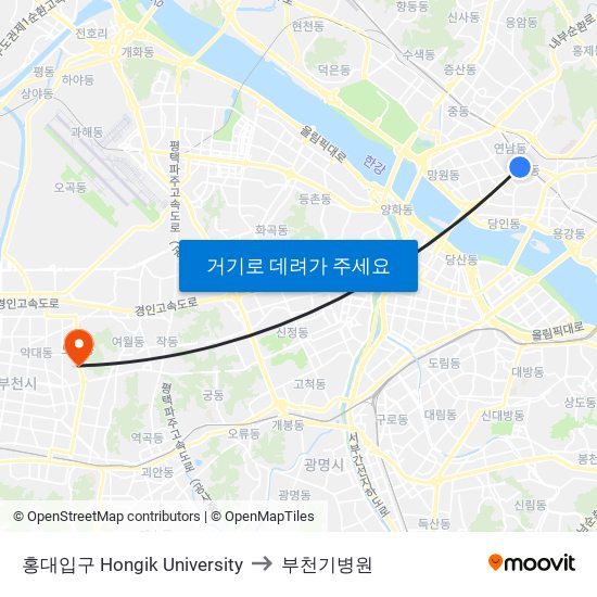 홍대입구 Hongik University to 부천기병원 map